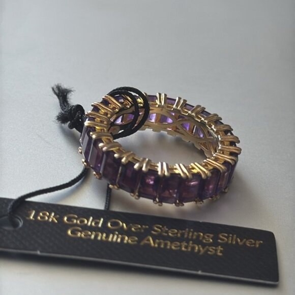 Emerald Cut Band Gold Plated Sterling Silver 925 Gen Amethyst Purple Ring Sz.8 - Picture 2 of 16